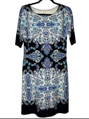 Eliza J Sz 6 Elegant blue and white paisley shift dress half sleeves | EUC
